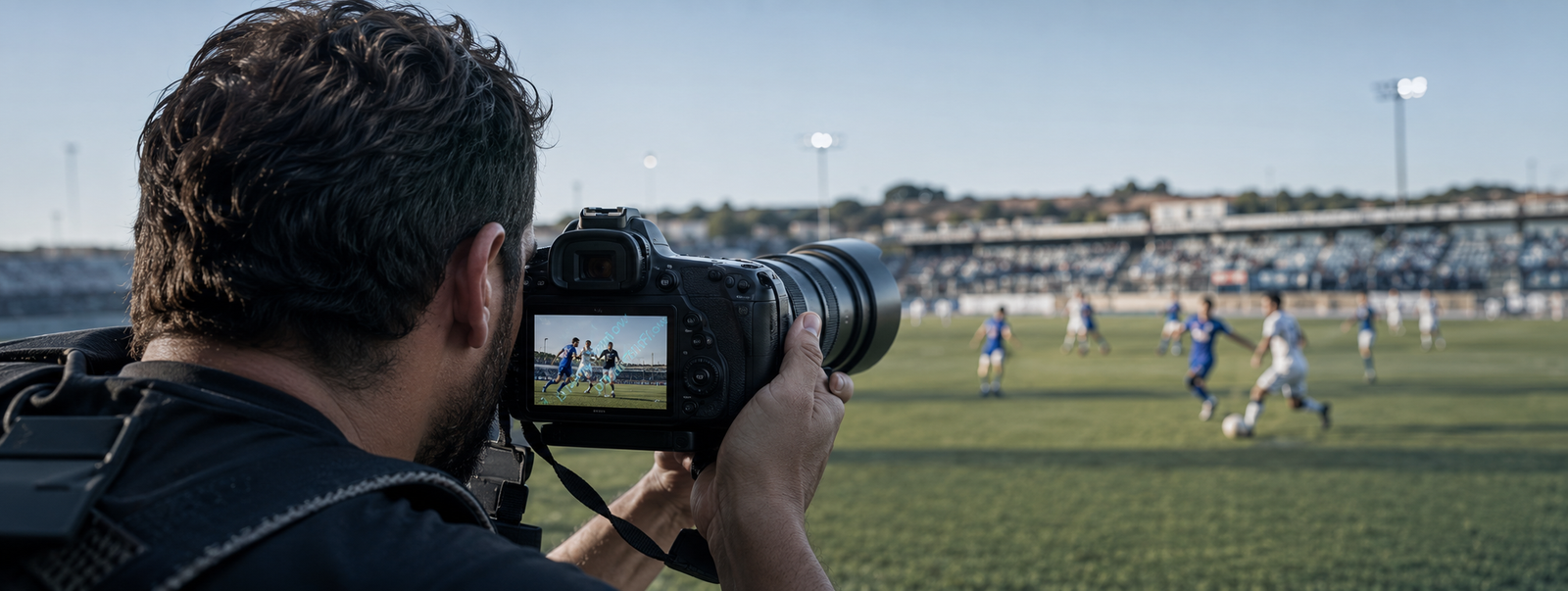 Fotógrafo com câmera profissional cobrindo evento